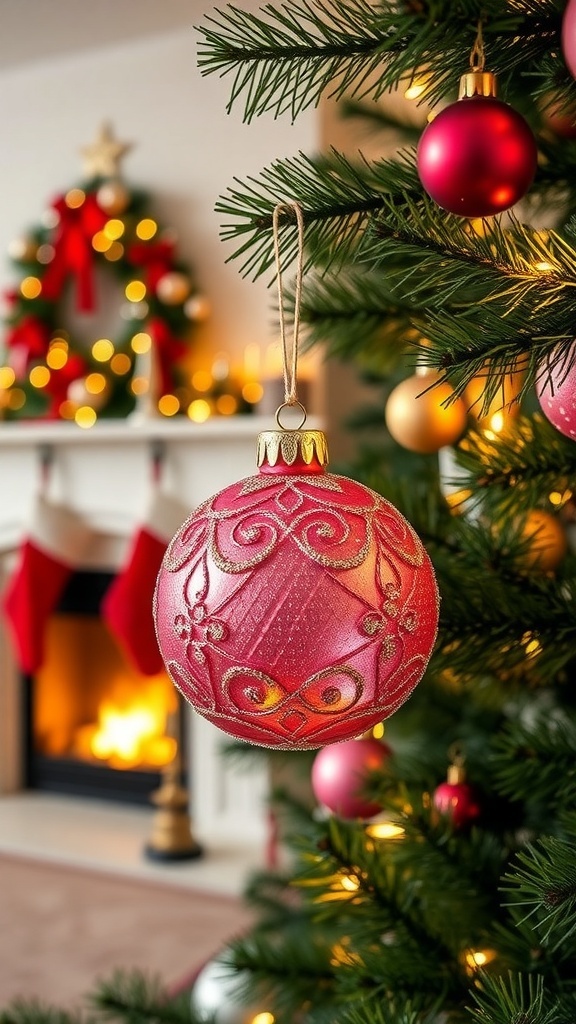 3D Pink Christmas Ornament 3D pink Christmas ornament hanging on a decorated tree with holiday lights.